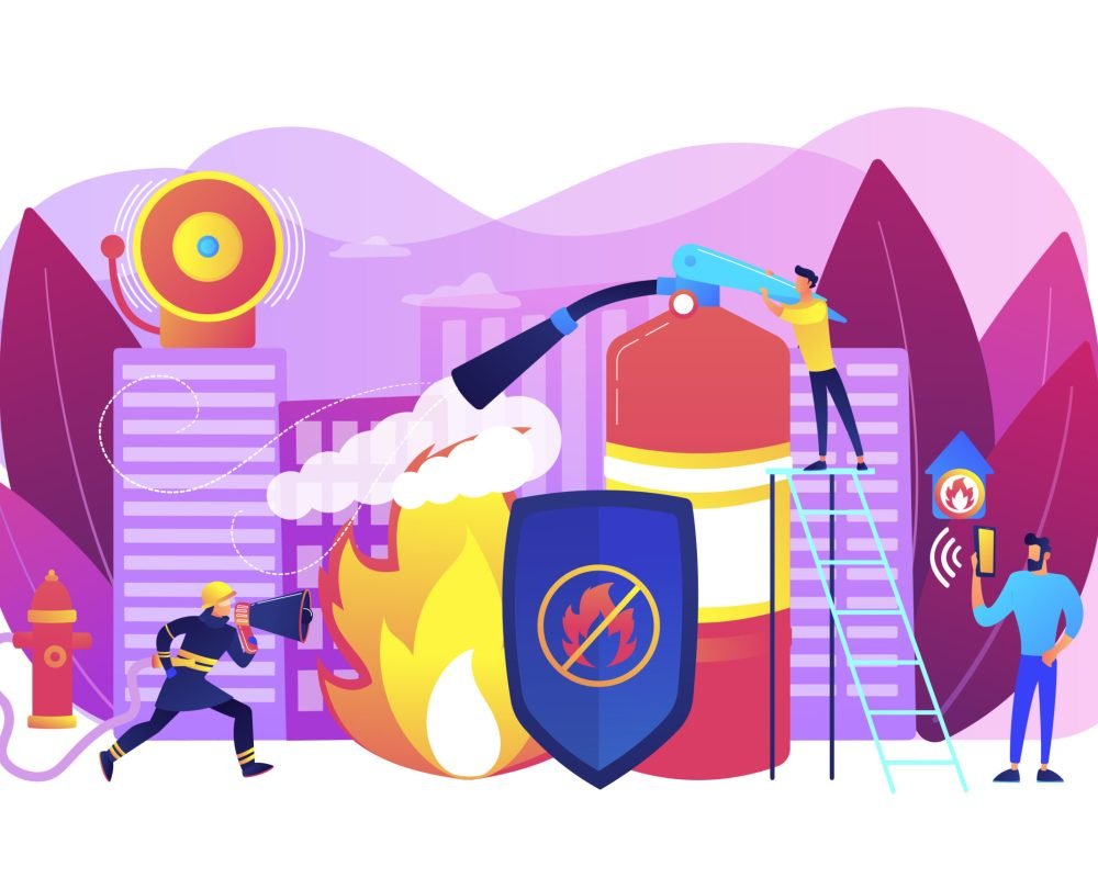 Firefighter extinguishing flame character. Rescuer dangerous job. Fire protection, fire prevention technologies, fire protection services concept. Bright vibrant violet vector isolated illustration